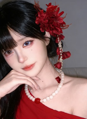 新中式红色流苏花朵发夹女