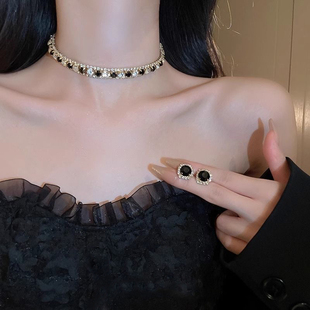 项圈黑色项链耳环套装choker颈链颈带锁骨链晚会礼服配饰女高级感