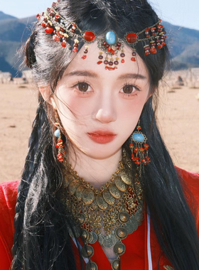 西域少女民族风彩色串珠流苏额饰异域风情藏族头饰古风汉服眉心坠