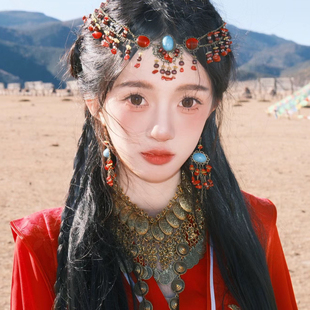 西域少女民族风彩色串珠流苏额饰异域风情藏族头饰古风汉服眉心坠