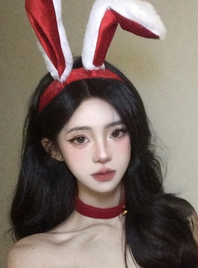 圣诞节cos兔女郎发箍可爱纯欲兔耳朵头箍女红色毛绒头饰兔子发卡