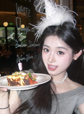 白色羽毛生日帽发夹女网纱蝴蝶结帽子发卡氛围感礼帽拍照道具发饰