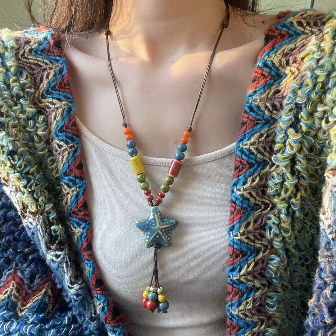 波西米亚陶瓷彩色串珠海星项链女复古民族风编织绳长款卫衣链配饰