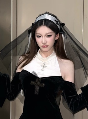 万圣节cos修女复古白网纱发带