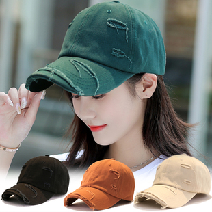 复古个性 做旧破洞棒球帽男ins潮春嘻哈百搭绿色弯檐遮阳鸭舌帽女