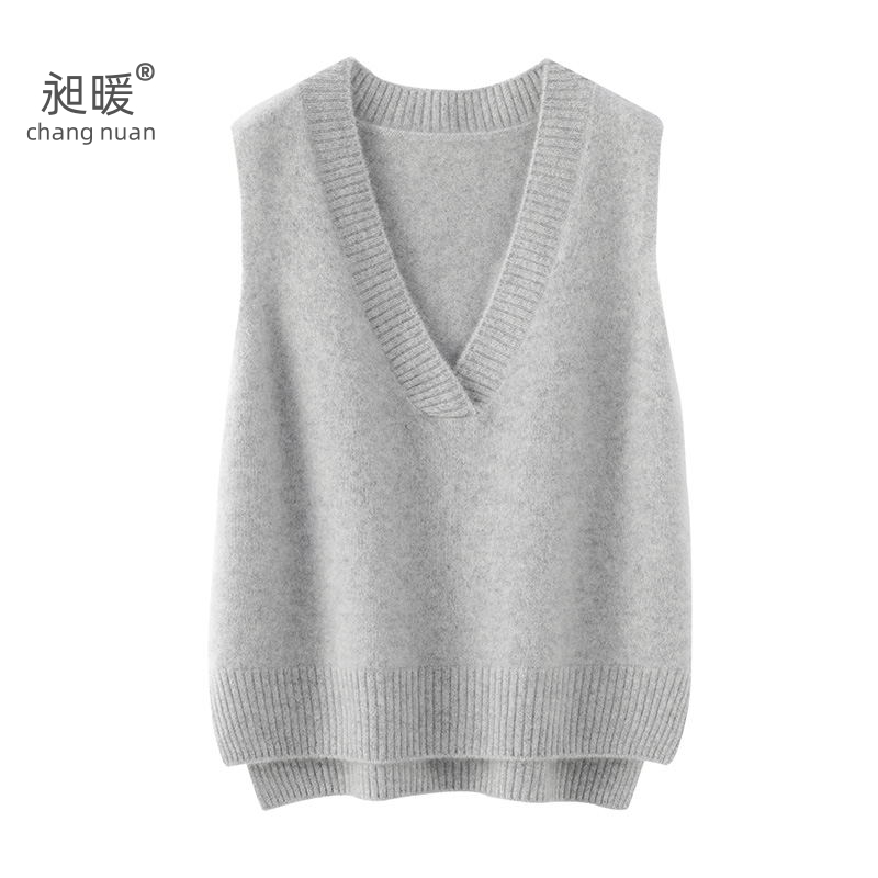 高端25年冬季加厚100%纯羊毛马甲毛衣背心女v领宽松前短后长叠穿