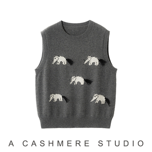 设计师手工爆款 女圆领小象图案针织马甲百搭背心 100%纯山羊绒衫