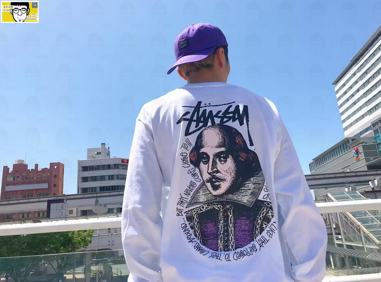 【现货】Stussy SHOOK CREW LS Tee 长袖黑白莎士比亚涂鸦T恤