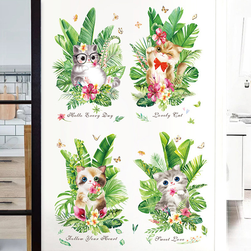 热带小清新绿色植物花草墙贴绿叶草丛中小猫咪贴纸自粘墙壁纸贴画