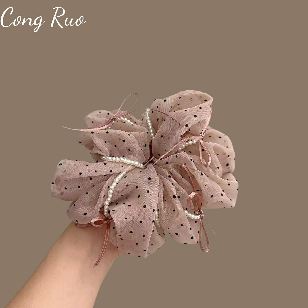 新款韩系气质波点蝴蝶结珍珠发圈大肠圈扎头绳丸子头马尾温柔气质