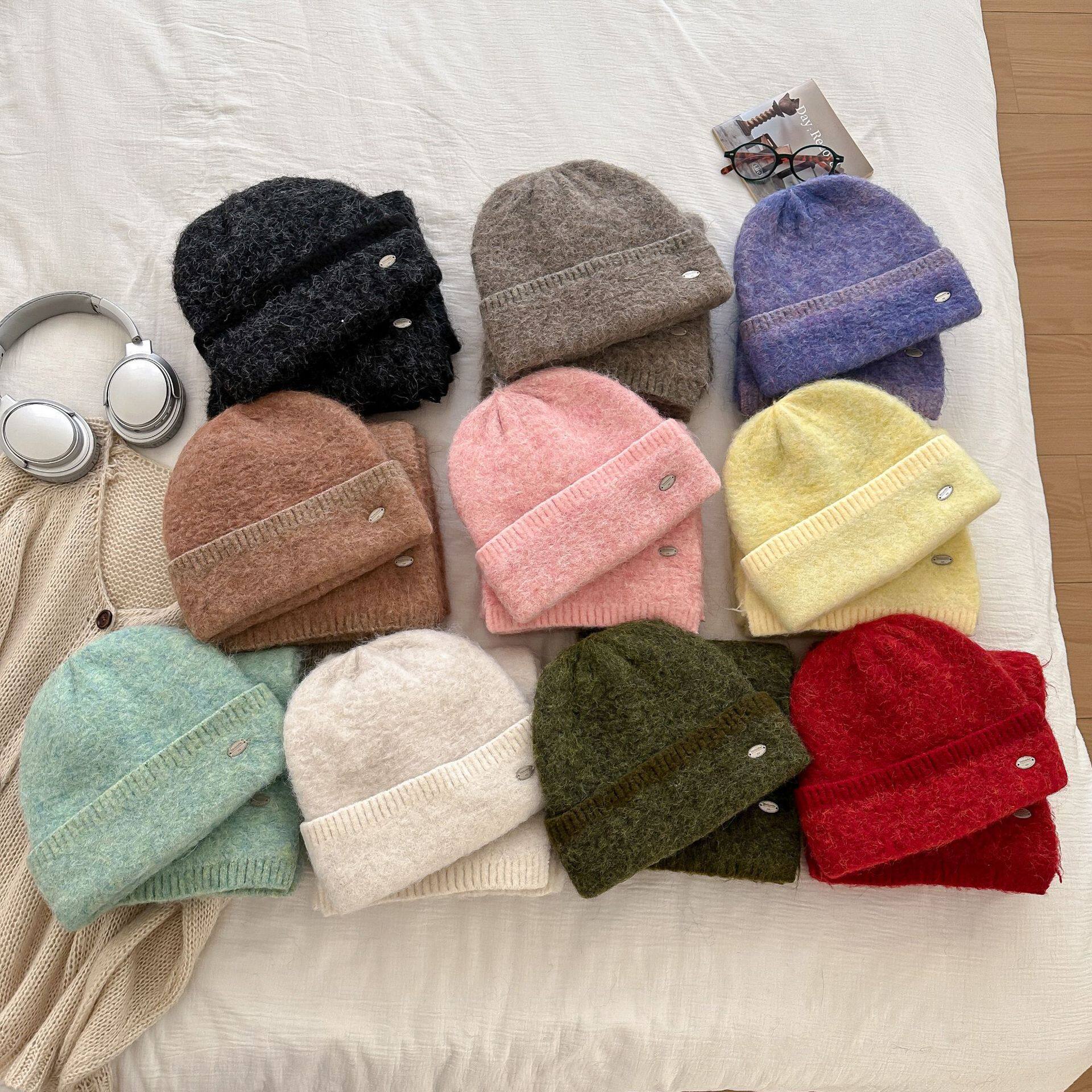 韩系针织围巾帽子两件套秋冬保暖防寒围脖情侣款百搭软糯披肩两用