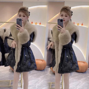 2024冬新款韩版时尚天使之翼大毛领白鸭绒羽绒服女收腰中长款外套