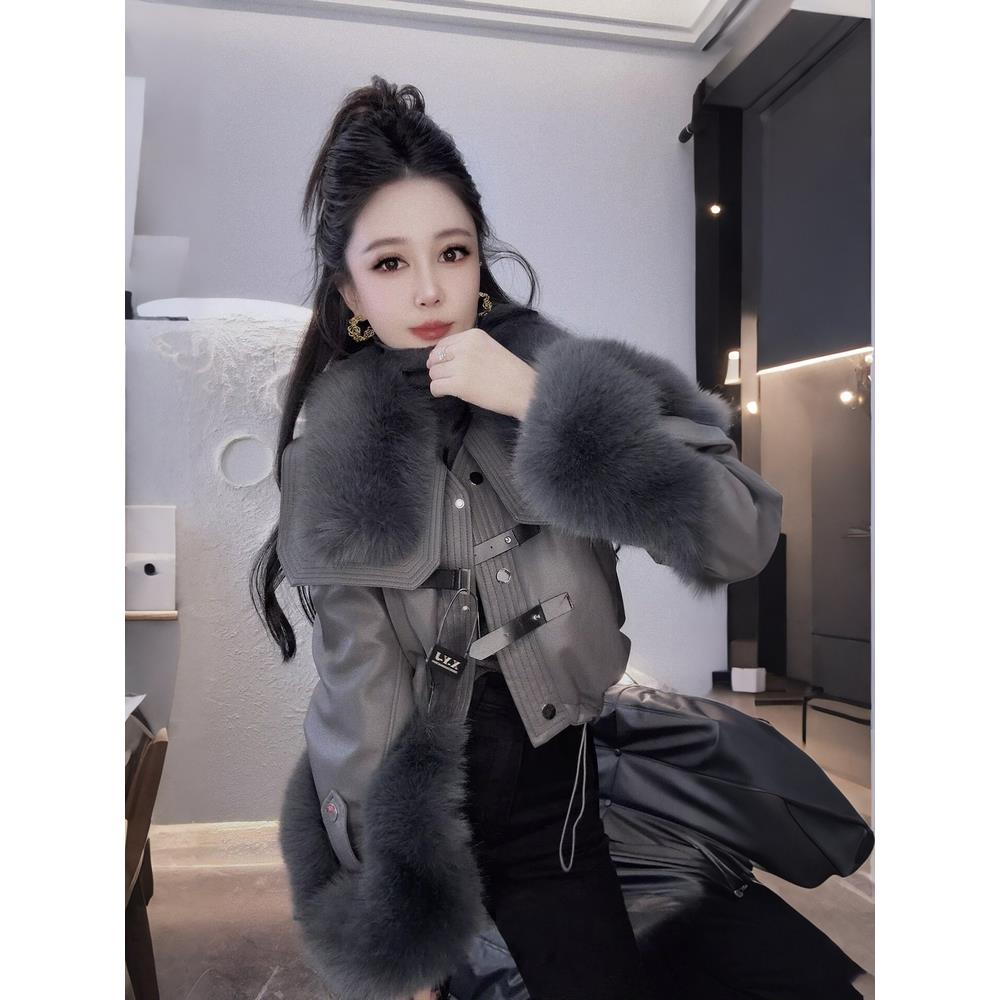 2025冬季新款时尚PU皮短款外套羽绒服女加厚保暖洋气大毛领派克服