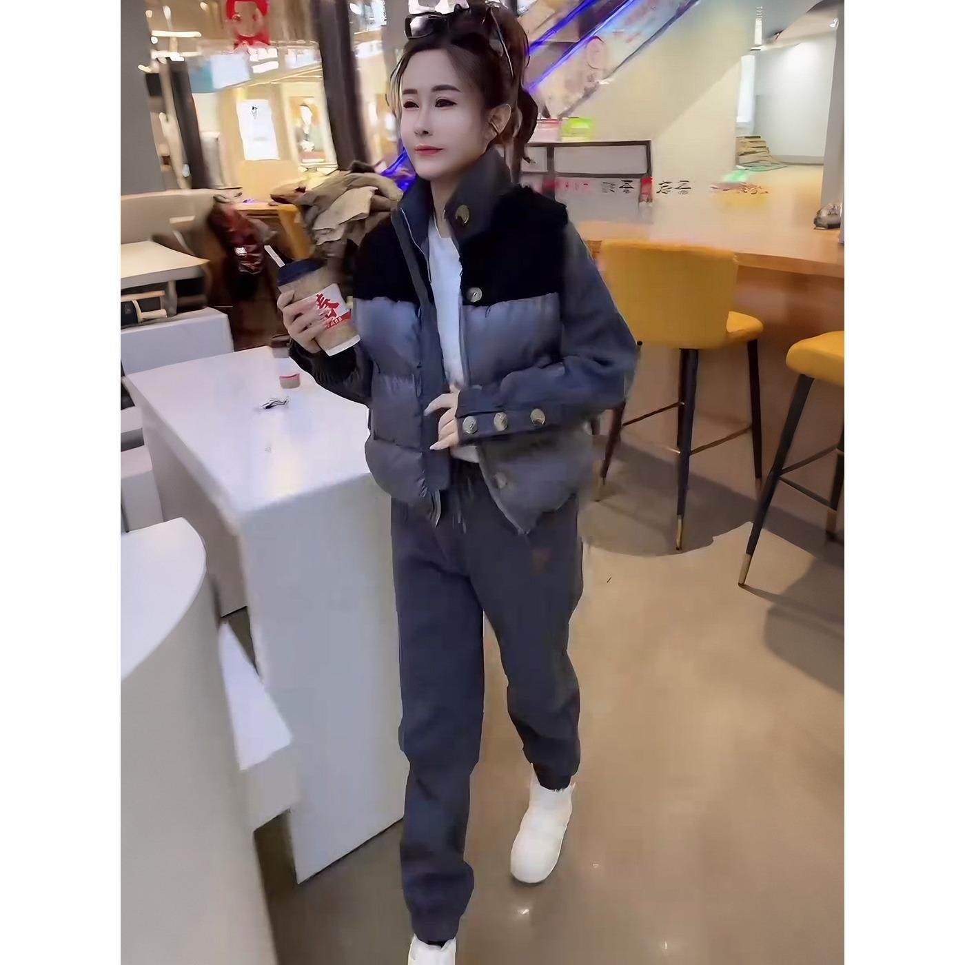 2025冬季新款韩版时尚休闲运动套装女棉服外套加绒束脚卫裤两件套