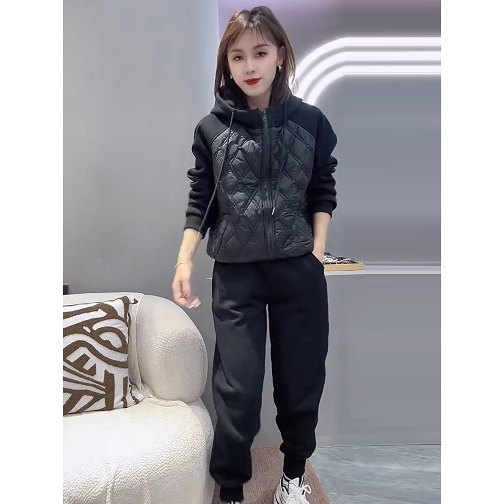 时尚休闲加棉加绒厚运动服套装女冬季新款连帽卫衣束脚卫裤两件套