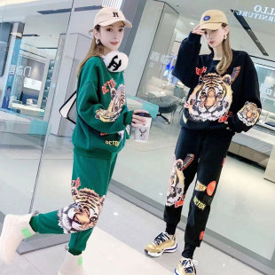 新款重工虎头运动休闲两件套装女宽松时尚健身跑步服印花洋气