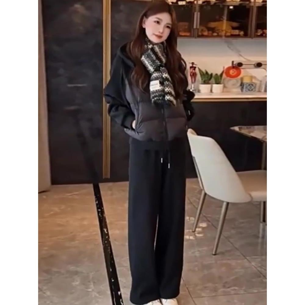 2025冬新款休闲运动套装女韩版连帽棉服加厚保暖加绒阔腿裤两件套