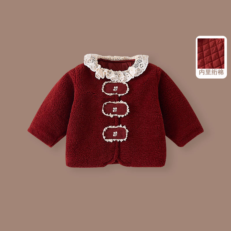 婴儿加绒外套秋冬装加厚女宝宝红色羊羔绒过年短款棉衣女童拜年服