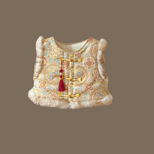 新年黄色婴儿中式夹棉马夹男女宝宝旗袍盘扣国风背心马甲过年服