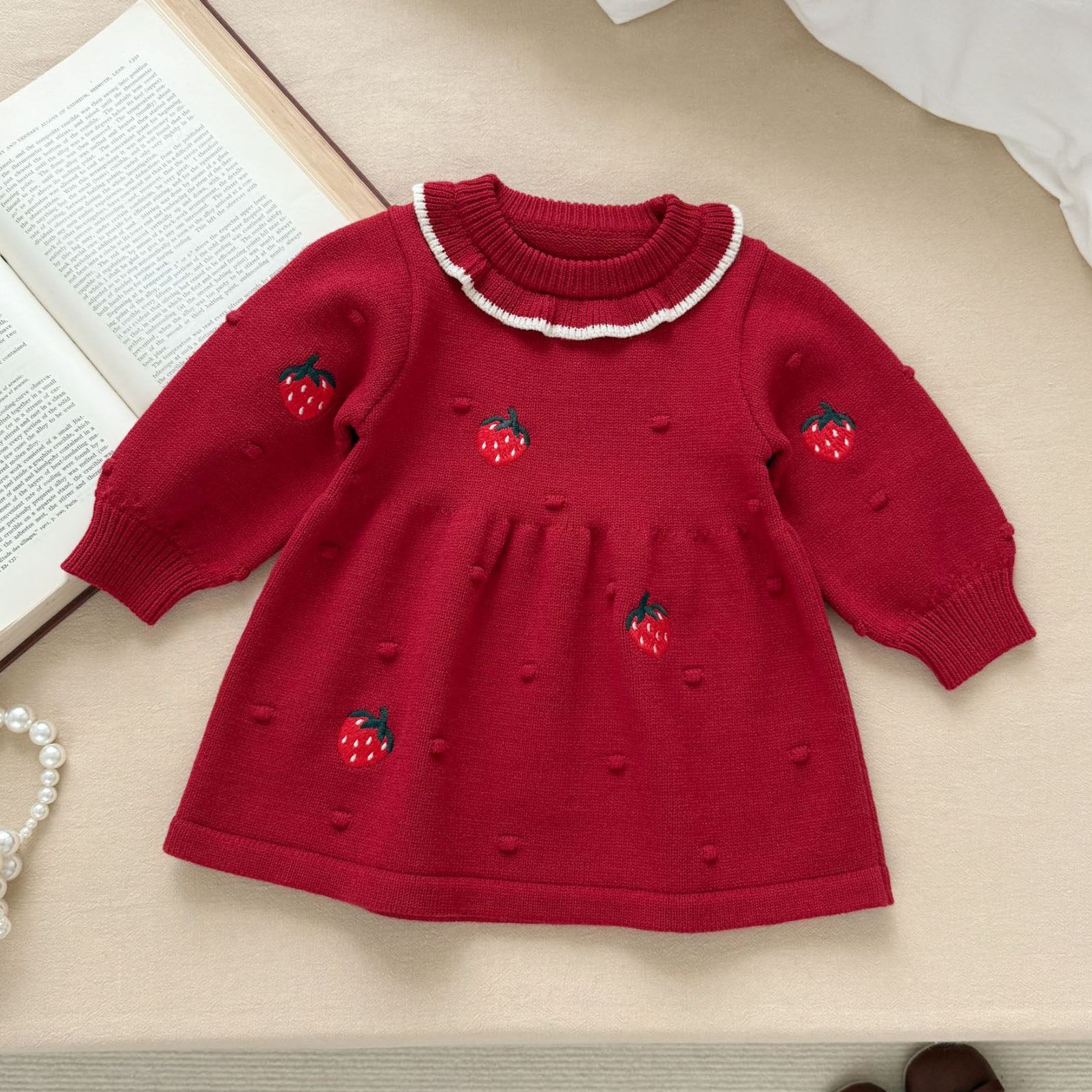 女童红色草莓针织连衣裙秋冬娃娃领毛衣周岁礼服裙婴儿公主裙秋装