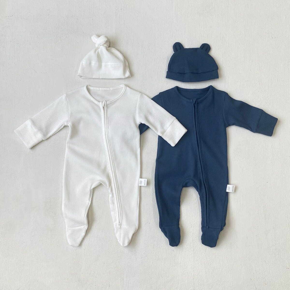 新生儿连体衣男女宝宝华夫格包脚拉链爬服带帽哈衣外出服连袜哈衣