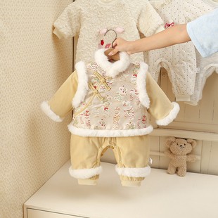 新年黄色旗袍婴儿夹棉连体衣秋冬装加厚男女宝宝新中式满月百天服