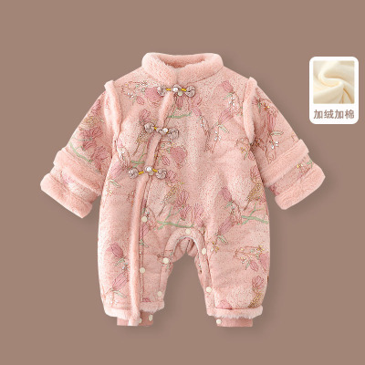 婴儿旗袍连体衣冬装加绒女宝宝新中式古风汉服唐装新年拜年礼服