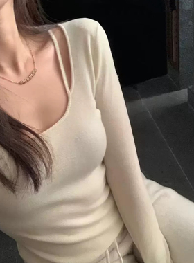 韩女内搭!近期新宠！100%羊毛U领针织打底衫女长袖修身内搭上衣