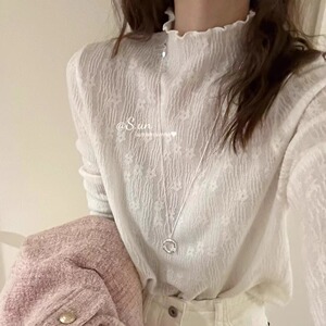 高品质肌理感暗纹小花羊毛蕾丝打底衫女立领长袖木耳边内搭上衣