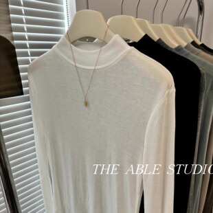 半高领修身 韩版 T恤女长袖 打底衫 莱赛尔 显瘦上衣薄款 天丝羊毛