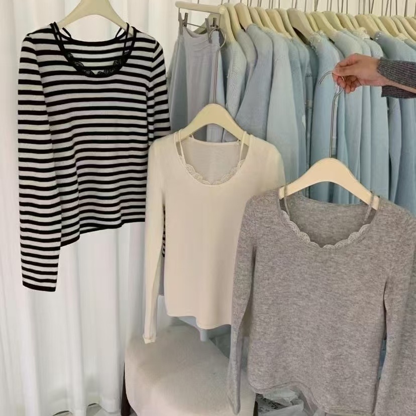 精致内搭 全羊毛钩花蕾丝边针织衫女设计感小众上衣修身内搭秋冬