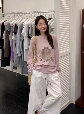 Pearl 韩版小狗花花印花做旧长袖垂感宽松T恤女夏  防晒打底上衣