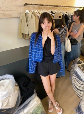 高级感气质名媛编织上衣粗花呢小香风别致蓝色外套女BEE秋季新款