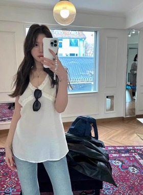 Second 韩国东大门 白色小清新V领洋气纯色木耳边套头背心上衣