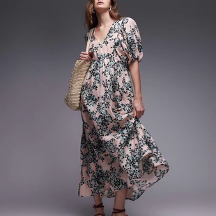 瑞典小众品牌纯原出口os 印花V领泡泡袖女士长款连衣裙