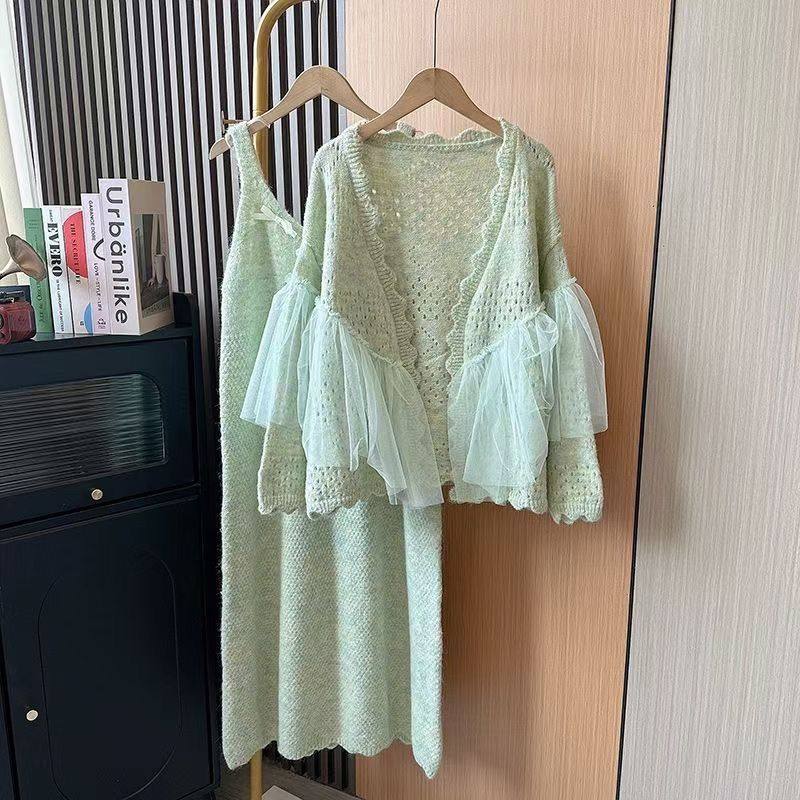 洋气甜美小众裙套装吊带连衣裙女网纱拼接镂空针织开衫超仙两件套
