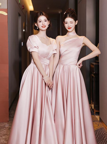 粉色伴娘服2026新款绝美婚礼缎面高级感平时可穿姐妹团晚礼服裙女