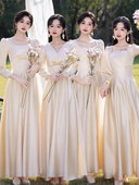 缎面伴娘服礼服2025新款 香槟色姐妹裙伴娘团平时可穿气质 冬季 长袖
