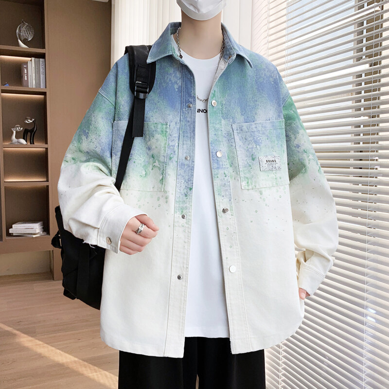 渐变牛仔衬衫夹克男生个性潮流百搭上衣青少年学生春秋季帅气外套