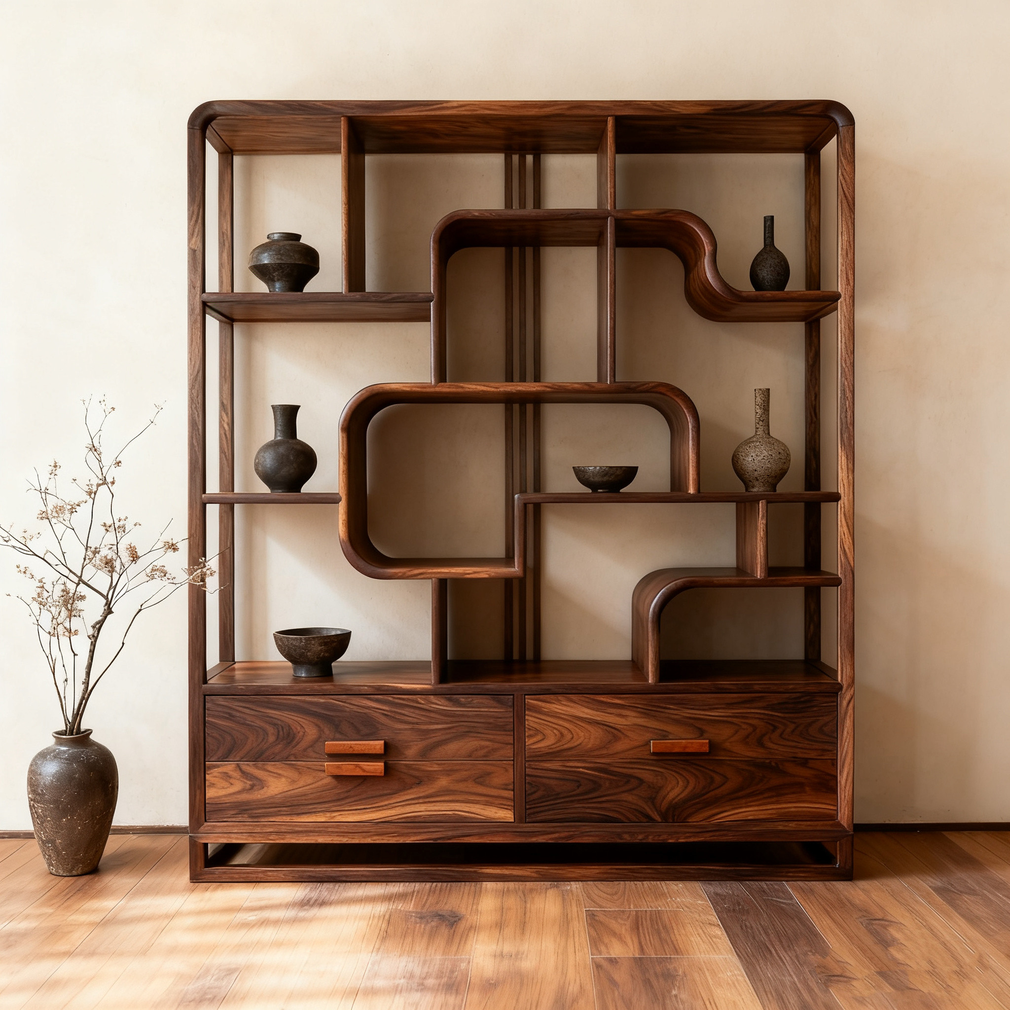 欧式高端黑胡桃实木茶室博古架