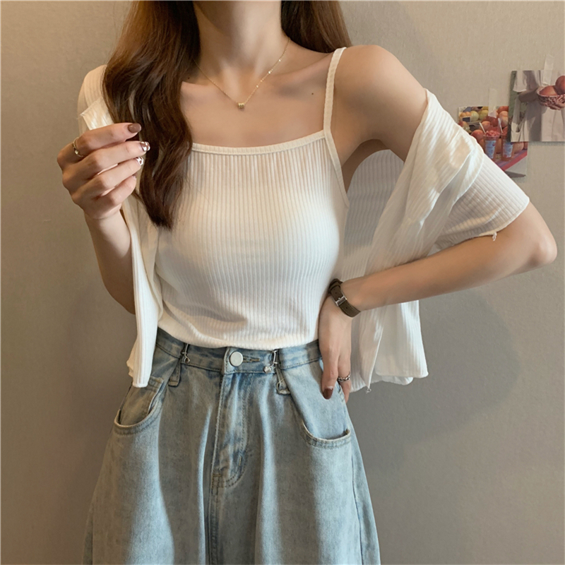 Real price new Korean short sleeve cardigan sling set