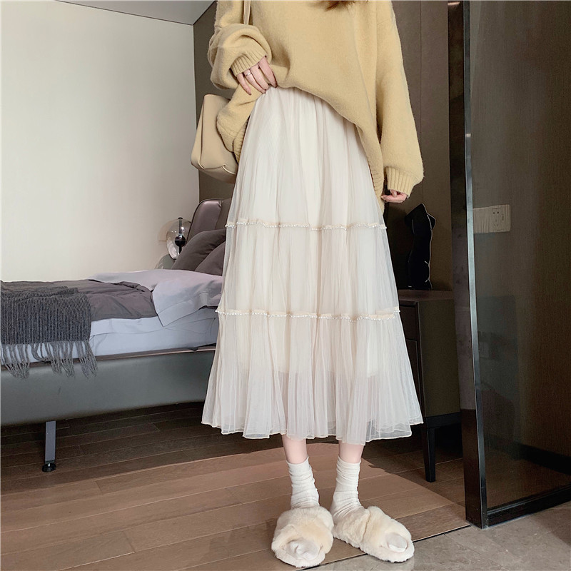 Real price ~ ~ autumn winter 2020 new Korean mesh skirt high waist long skirt pleated skirt medium length