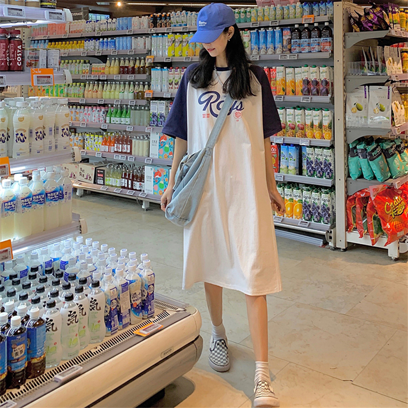Real price new color contrast T-shirt raglan sleeve letter print straight skirt loose and thin over the knee dress