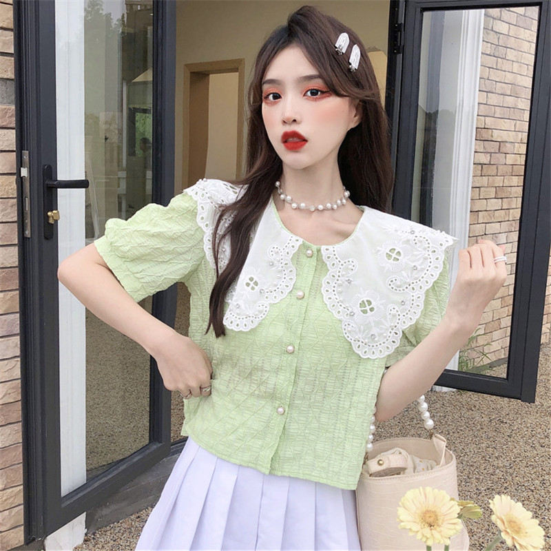 Real price doll collar niche design Short Sleeve Shirt female embossed fold bubble sleeve top female