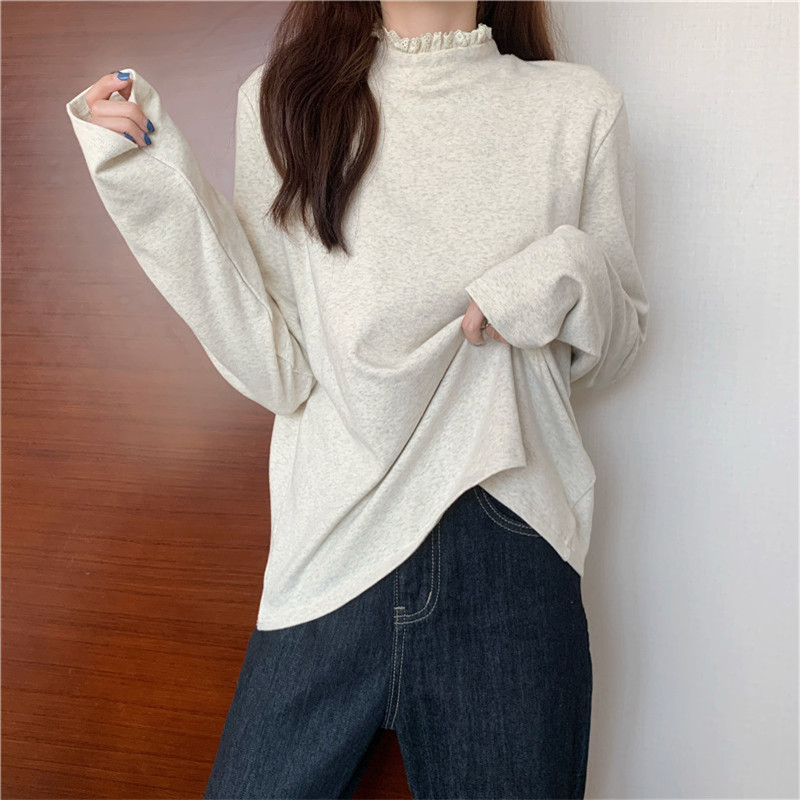 Real shot real price lace half high collar bottoming shirt women's autumn and winter new loose Wear Long Sleeve T-Shirt Top