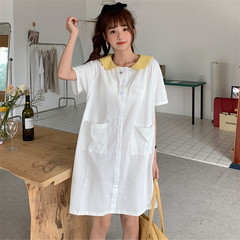 Real price Korean age reducing dress fashion casual color contrast summer wear Lapel short sleeve T-shirt