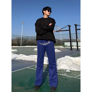 阿拉伯文刺绣直筒卫裤男春季美式重磅健身训练裤子宽松休闲运动裤