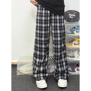 cleanfit黑色格子裤子男款初秋穿搭格纹弯刀裤美式复古阔腿直筒裤