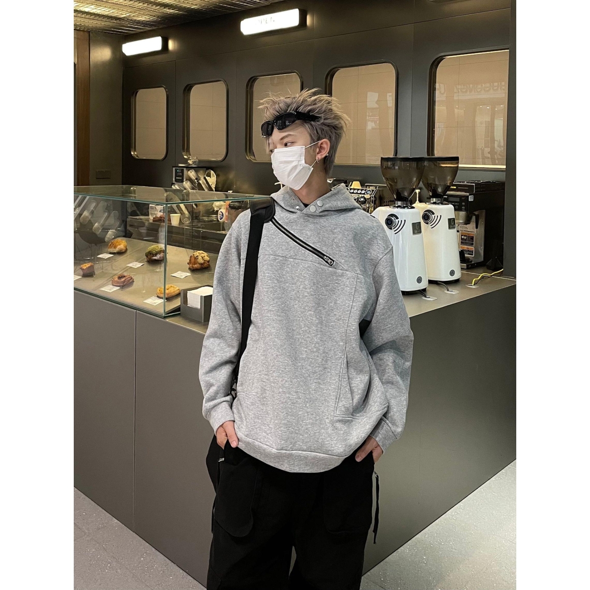 国潮连帽卫衣男女春秋拼接解构不规则斜拉链情侣工装重磅痞帅外套