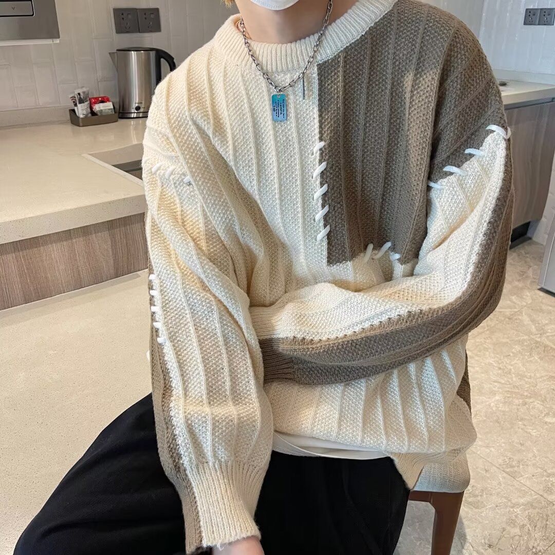 圆领毛衣针织衫男潮牌帅气秋冬季打底衫2024新款男士气质修身上衣